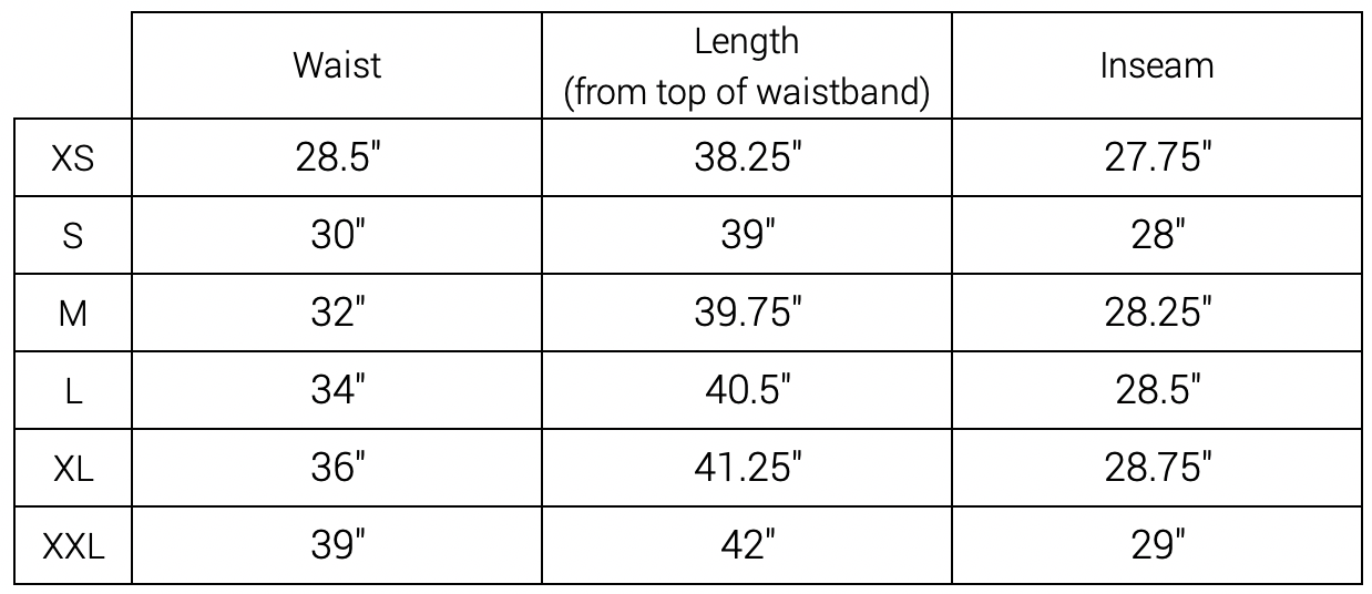 Drawstring Pant Measurements