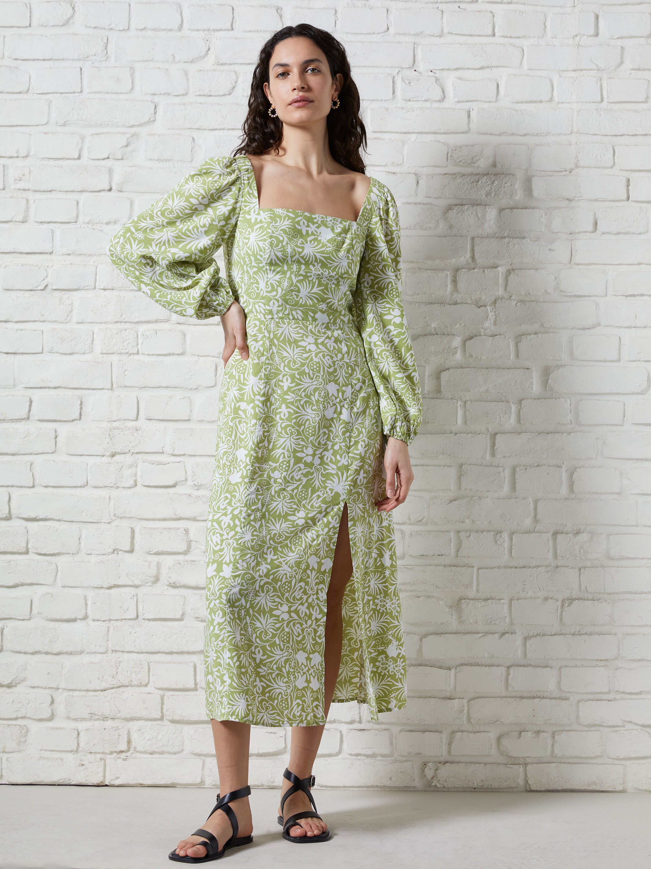 Cadiz Floral Square Neck Dress Kiwi Milk