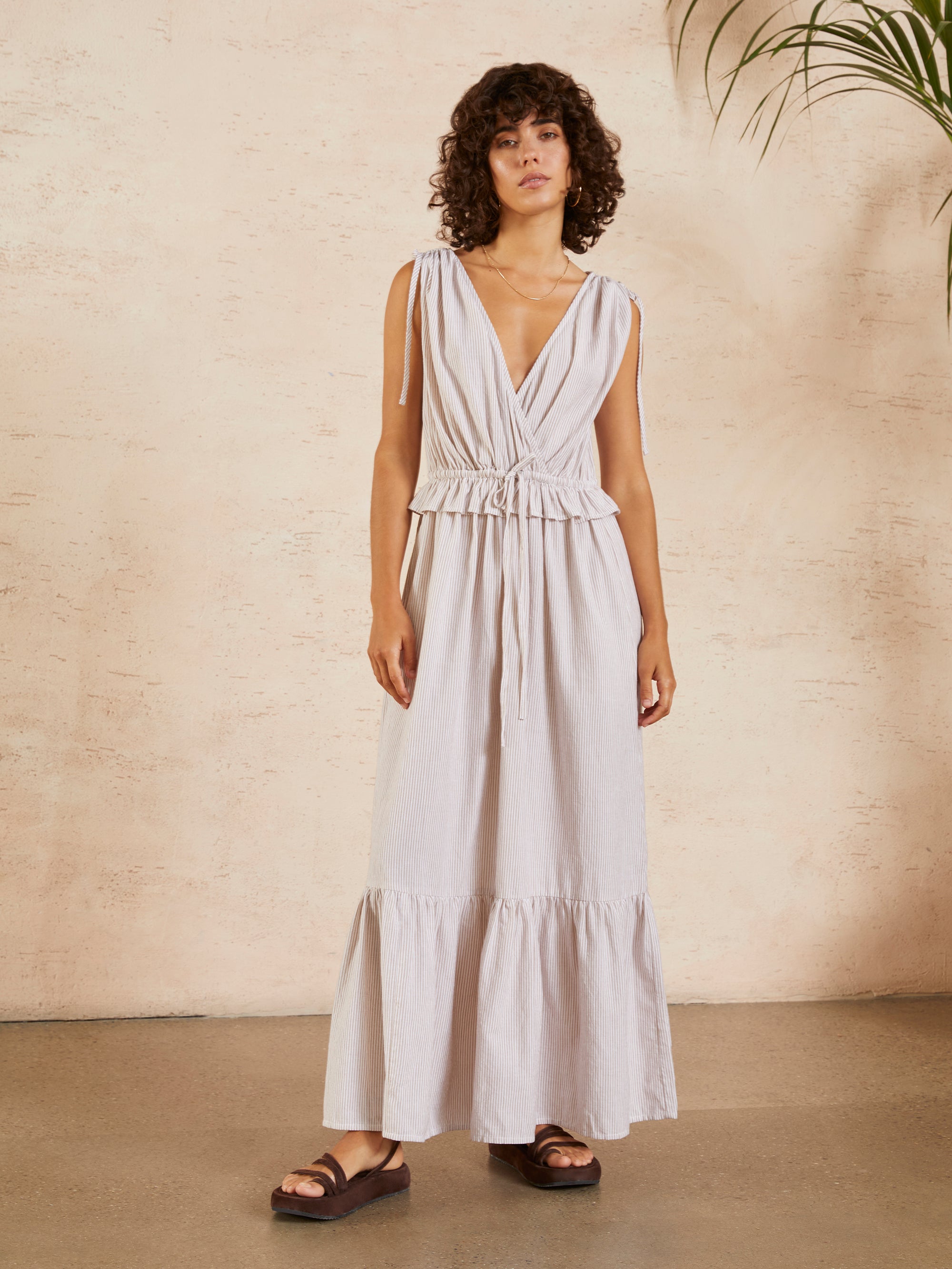 Santorini Stripe V-Neck Maxi Dress Terracotta/ Ecru