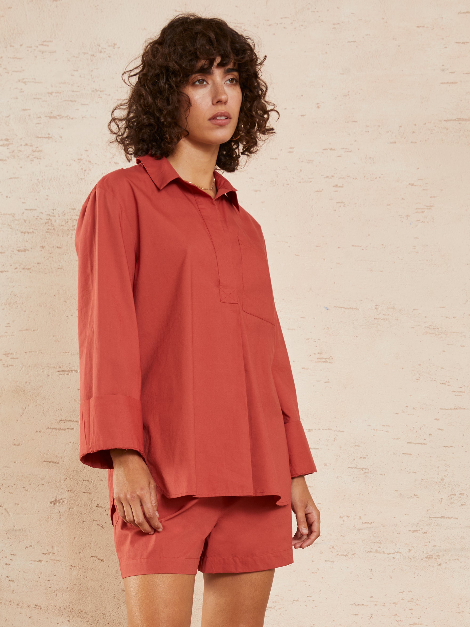 Crisp Organic Cotton Popover Shirt Terracotta