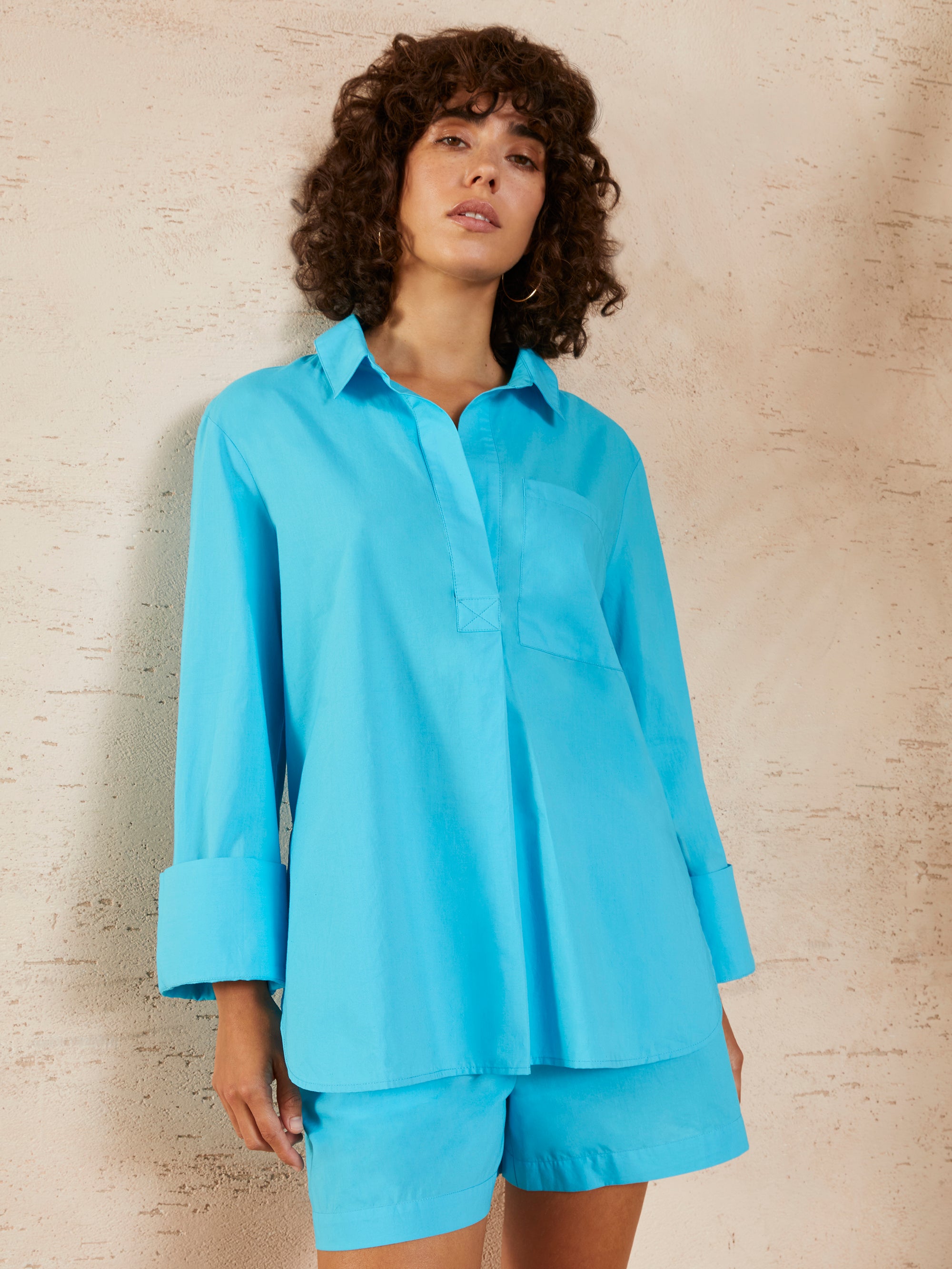 Crisp Organic Cotton Popover Shirt Turquoise