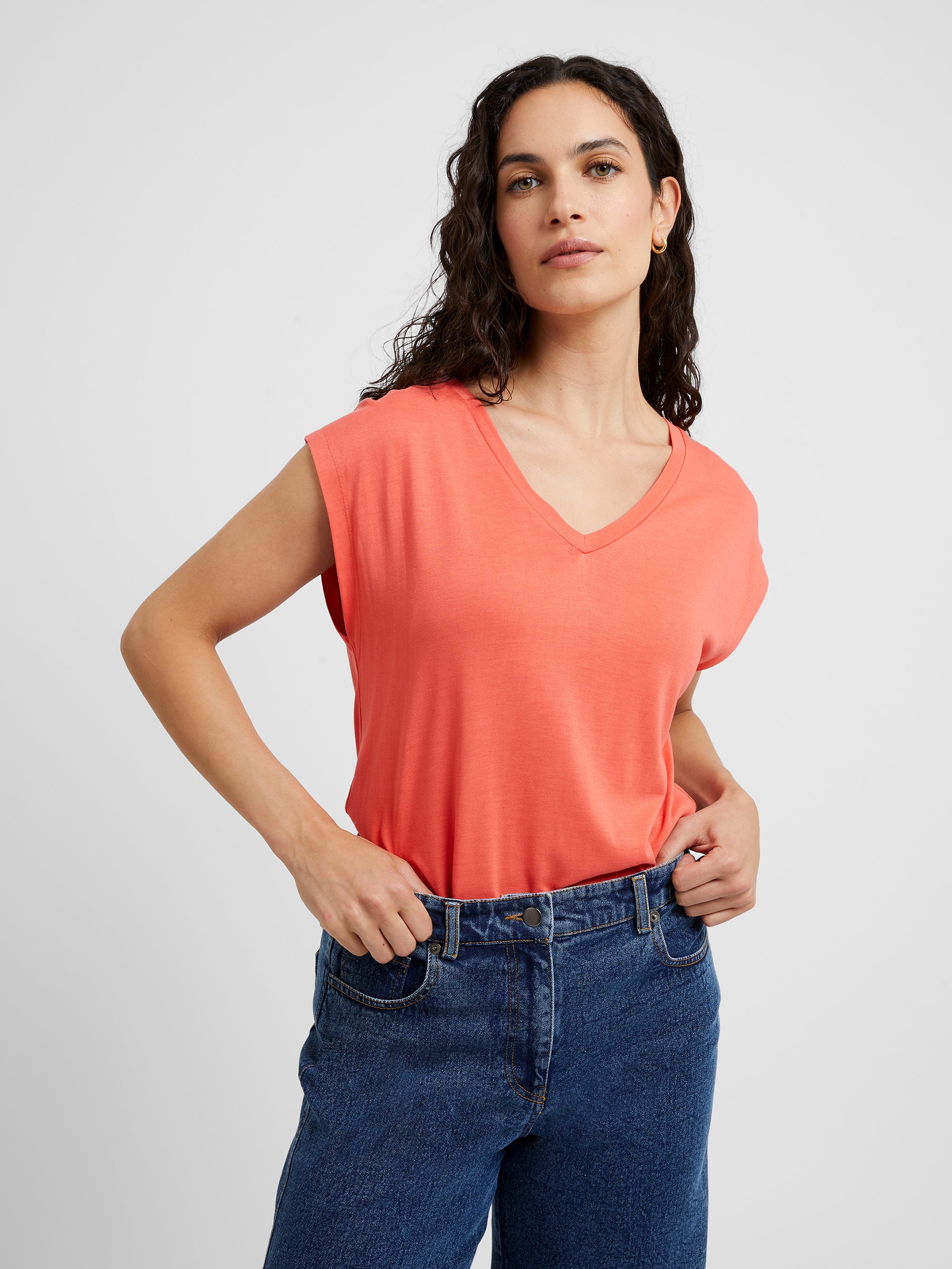 Soft Touch Jersey V Neck Top Hot Coral