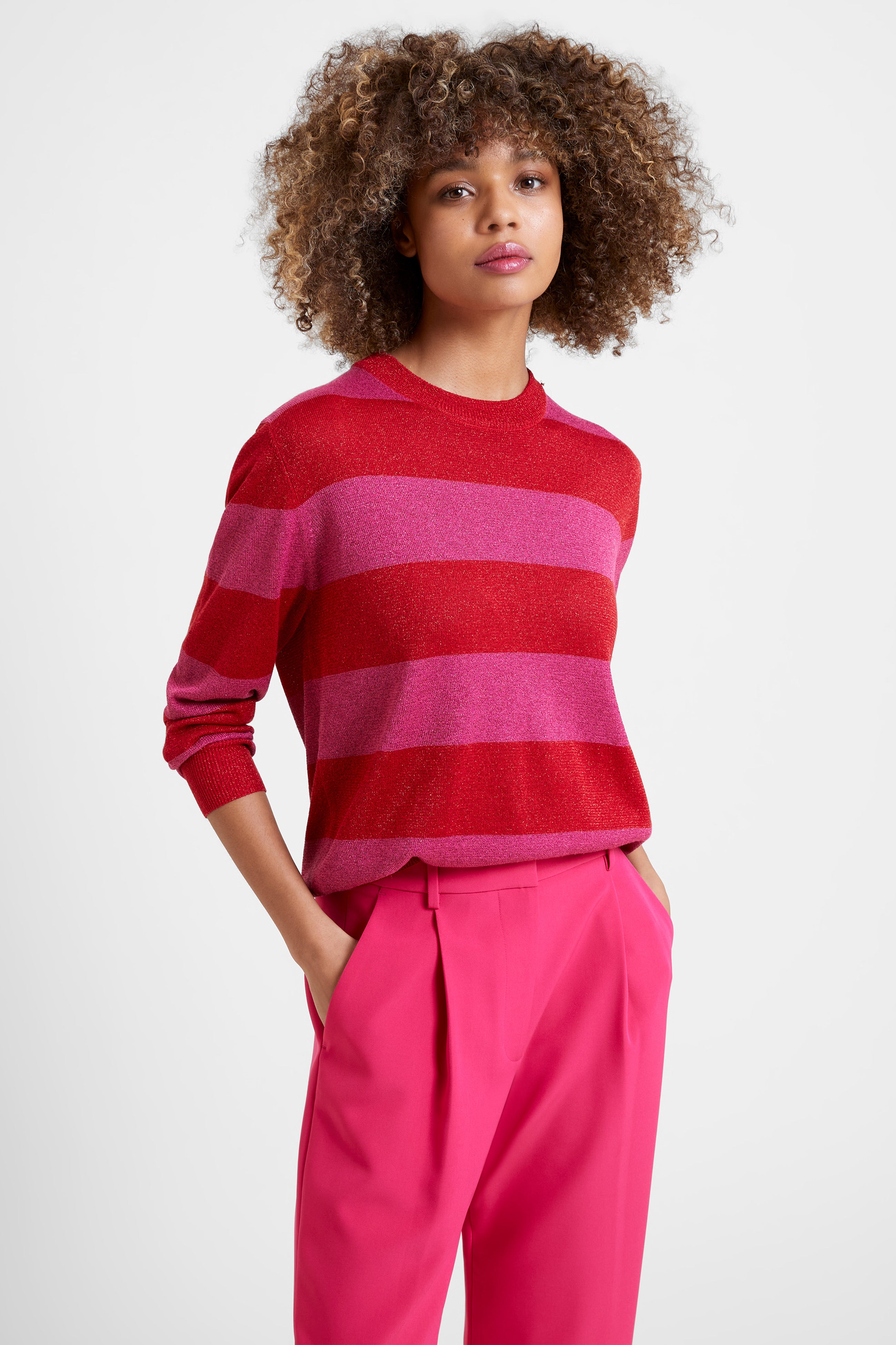 Sparkle Stripe Knit Crew Neck Jumper Christmas Rose/Crimson