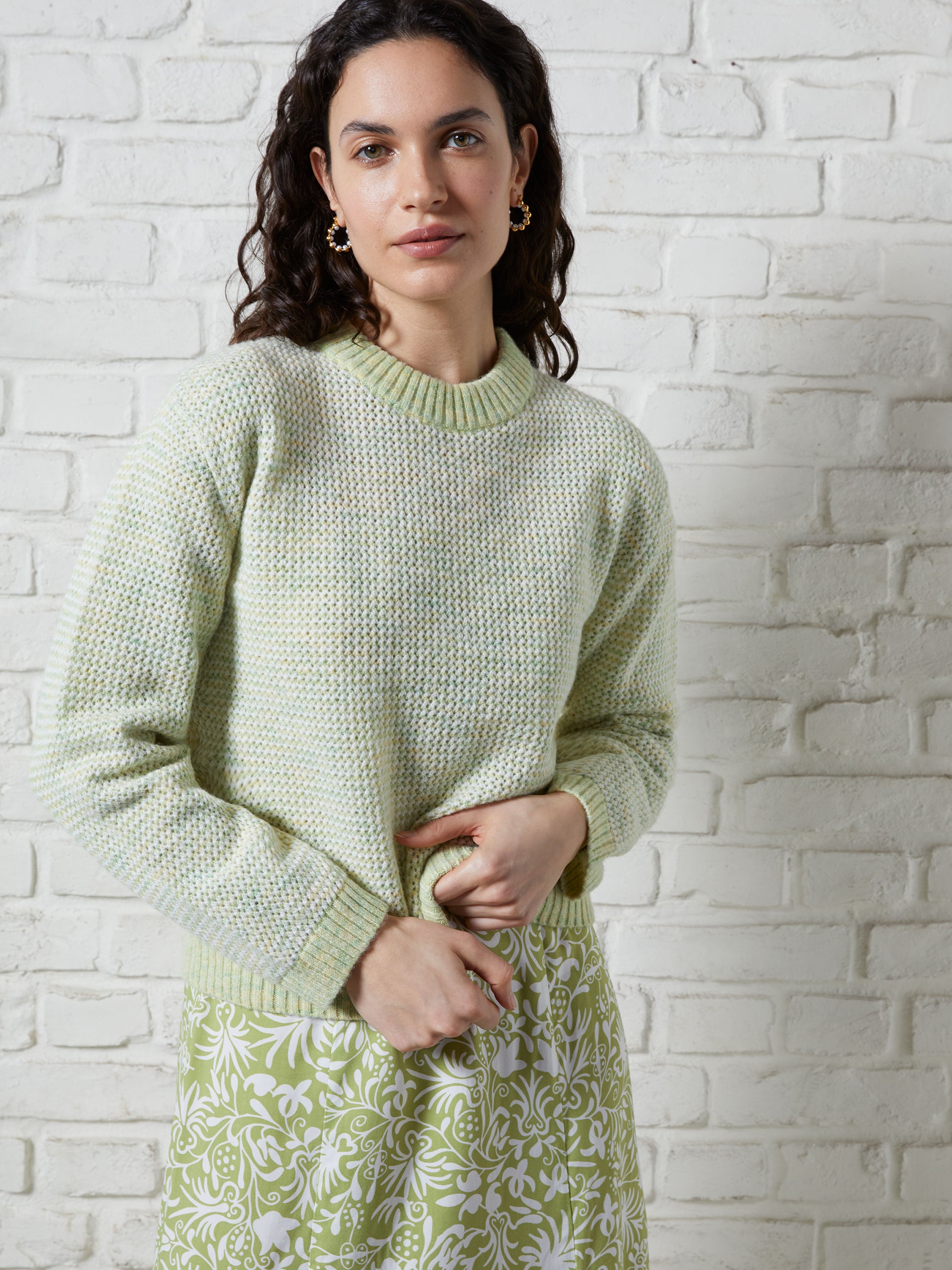 Pointelle Recycled Knit Crew Neck Jumper White/Lemongrass