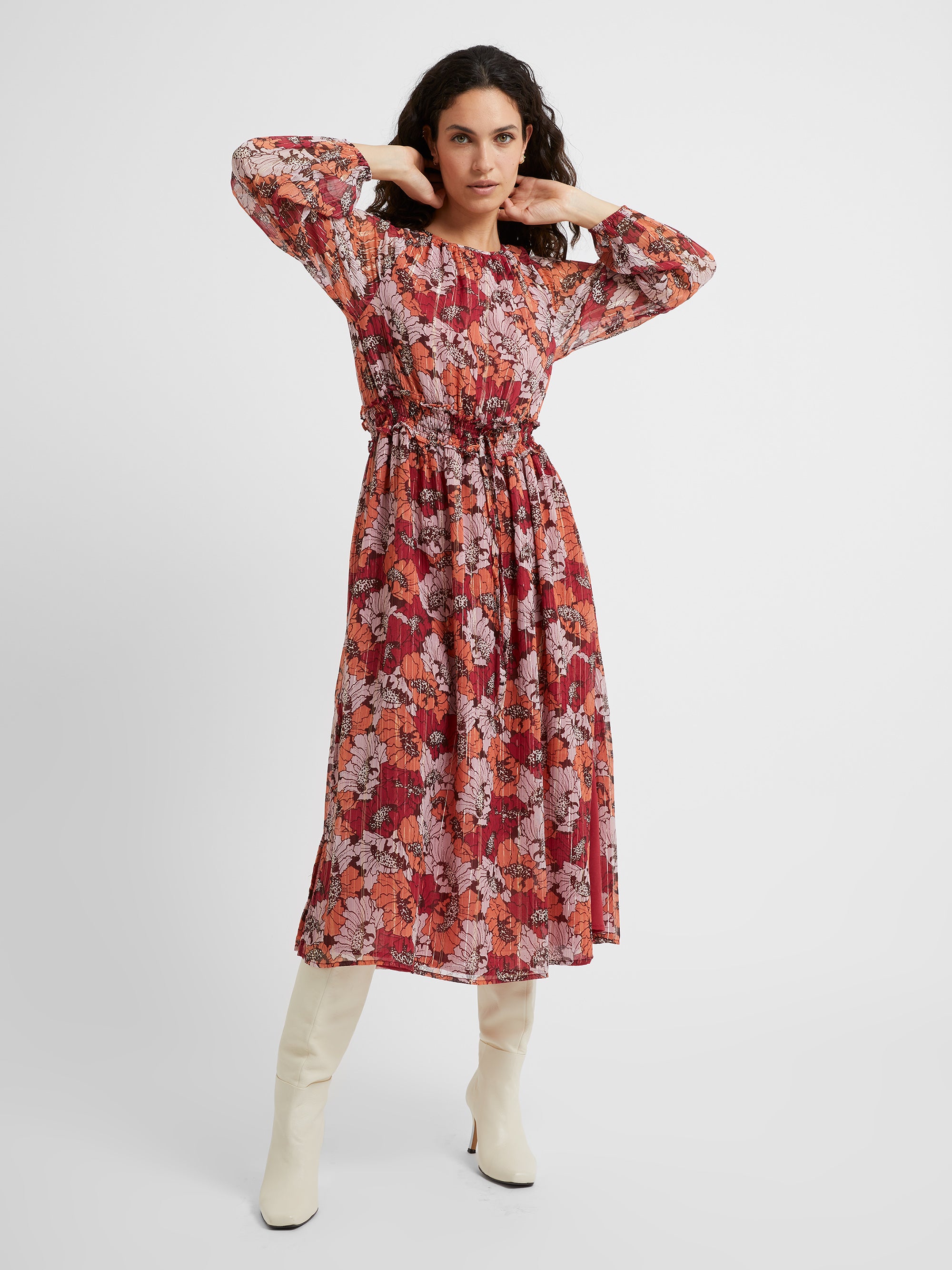 Retro Poppy Long Sleeve Midi Dress Wine Multi