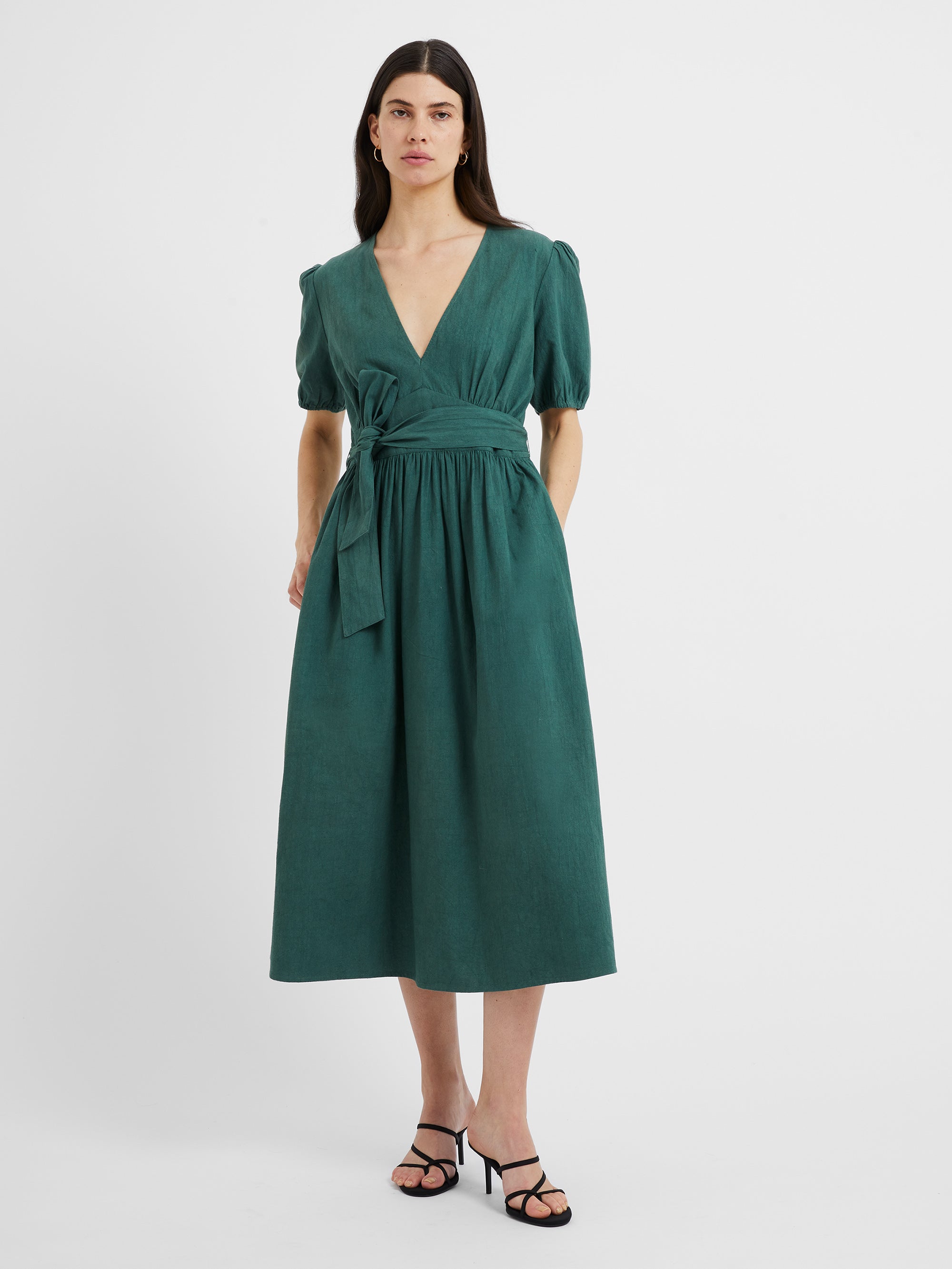 Crinkle Cotton V-Neck Midi Dress Tropical Green