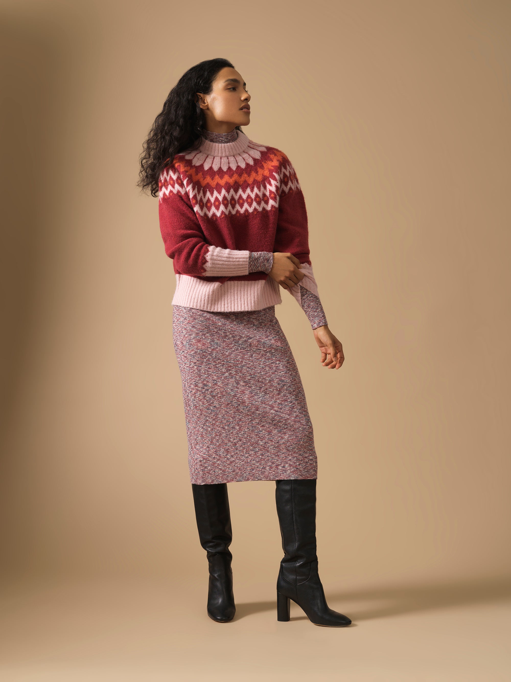 Winter Pattern Knit Crew Neck Jumper Wine Multi