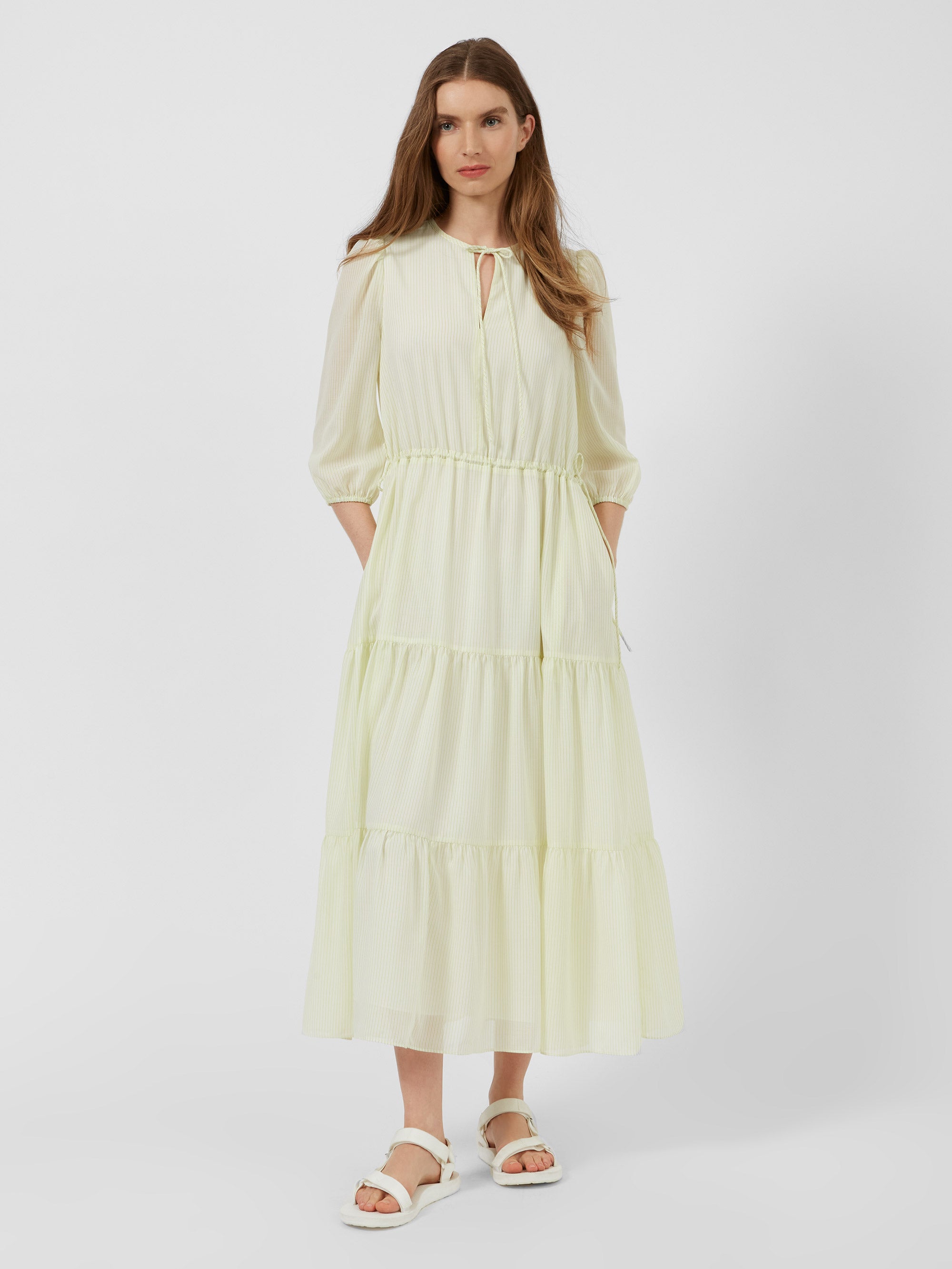 Micro Stripe Tiered Dress Milk / Fresh Apple