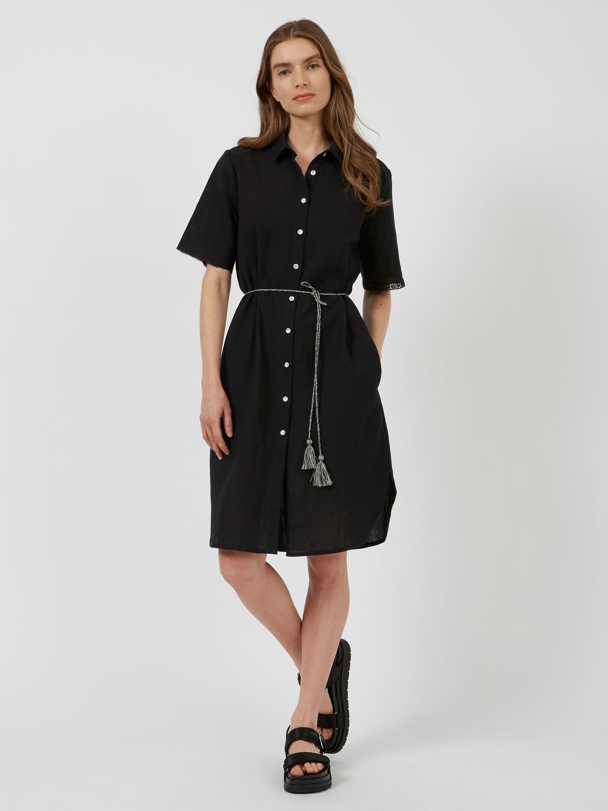 Spring Linen Mix Drawstring Waist Dress Black