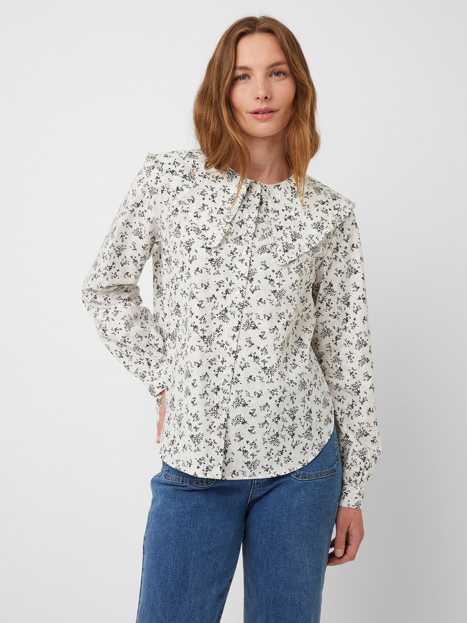 Micro Floral Round-Neck Blouse Cream Combo