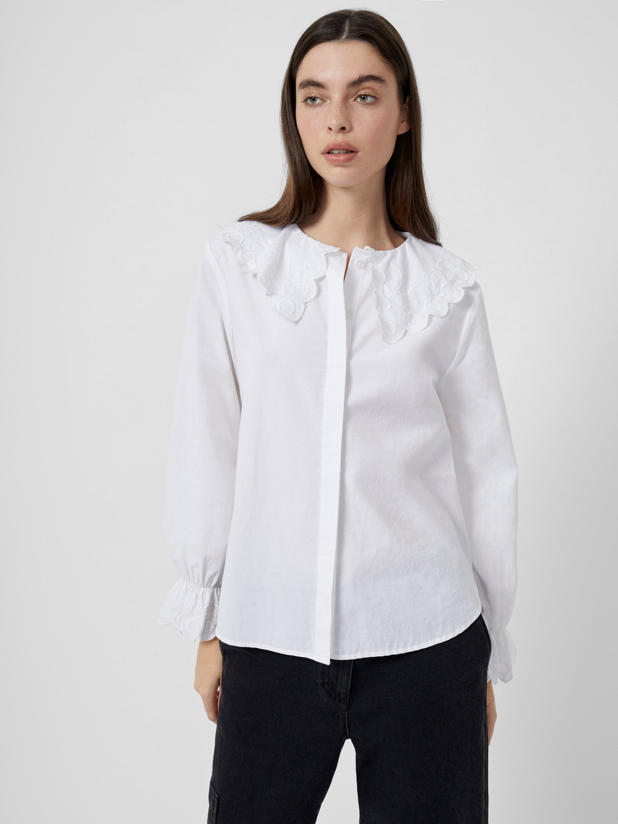 Organic Cotton Embroidered Collared Top White