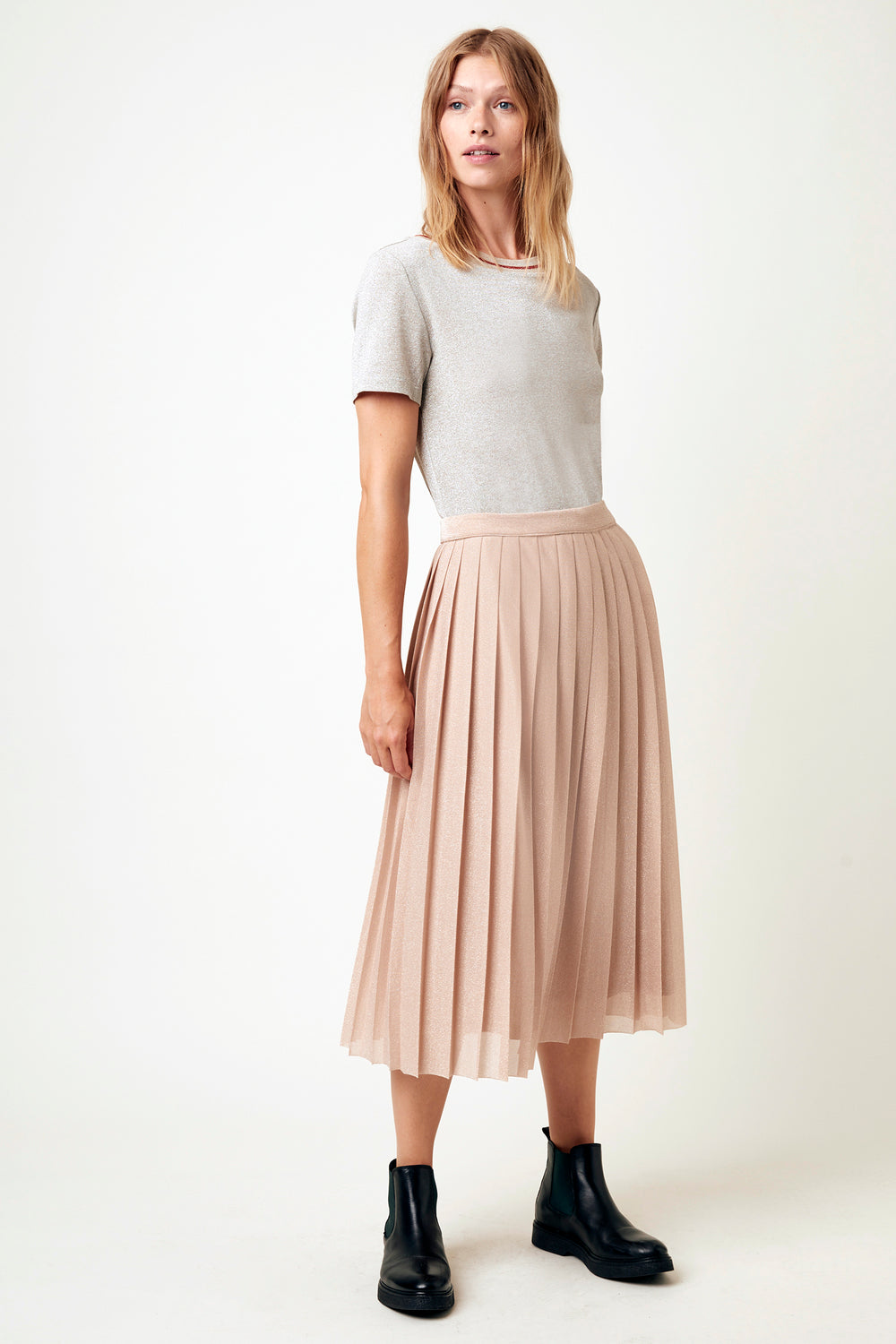 pleated midi skirt rose gold