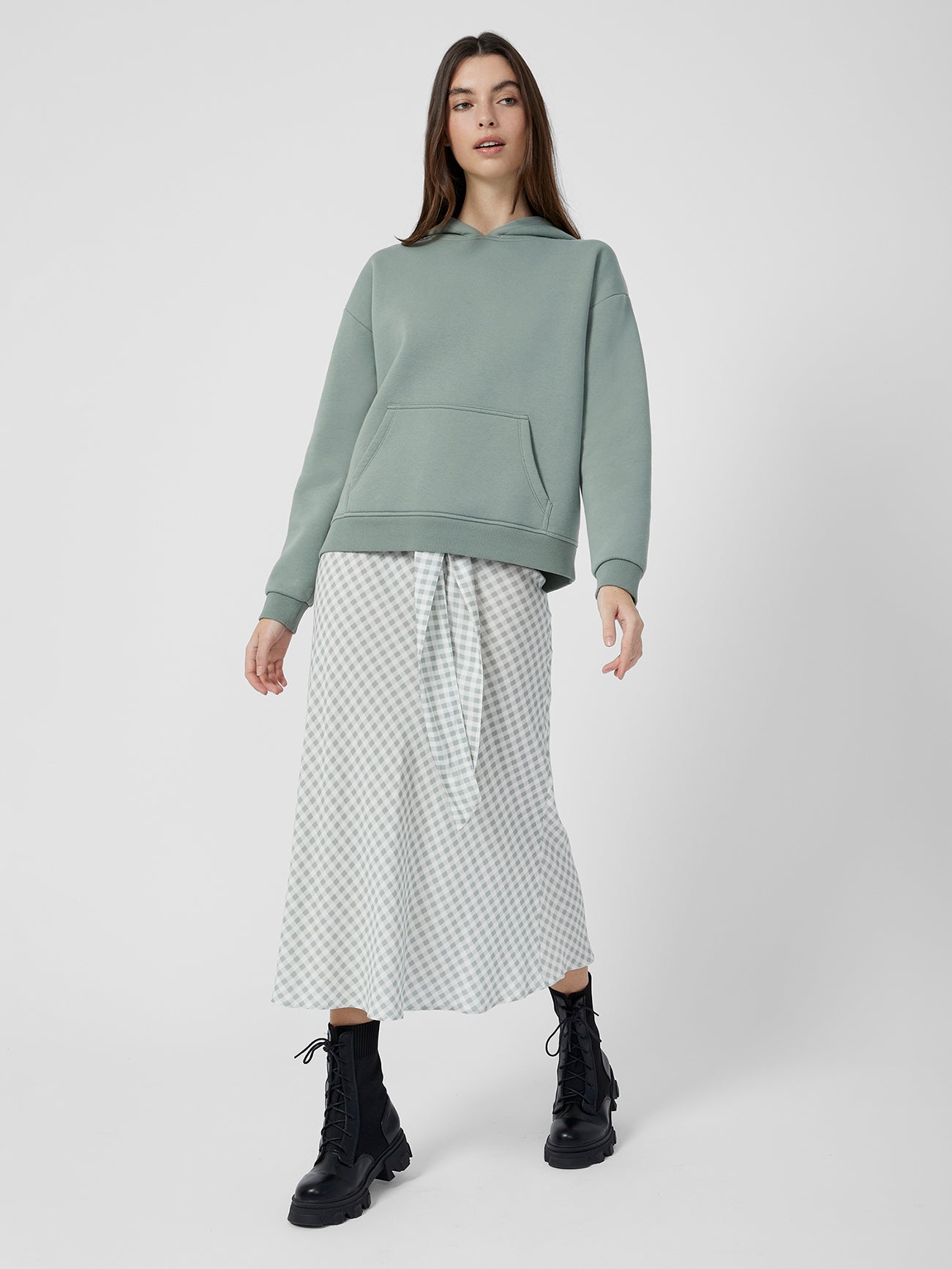 Day Check Belted Midi Skirt Milk/Seafoam