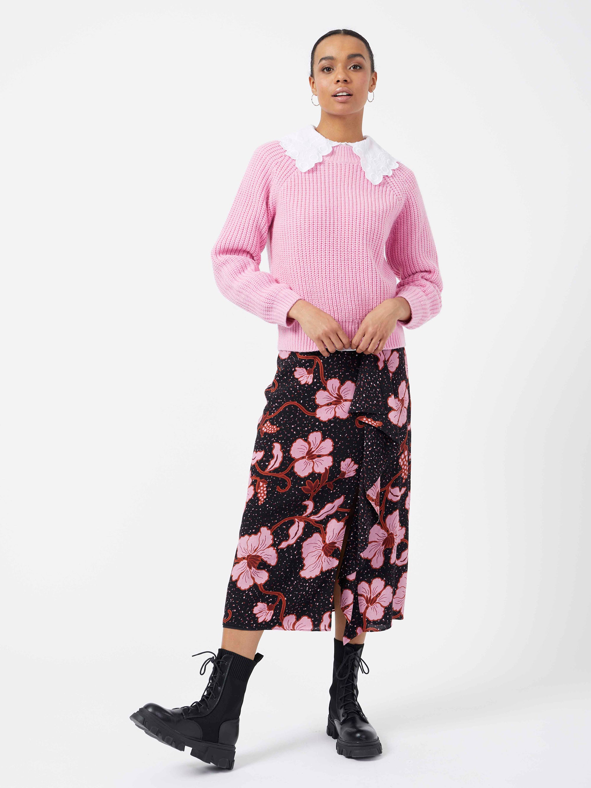 Midnight Floral Eco Ruffle Midi Skirt Black Multi