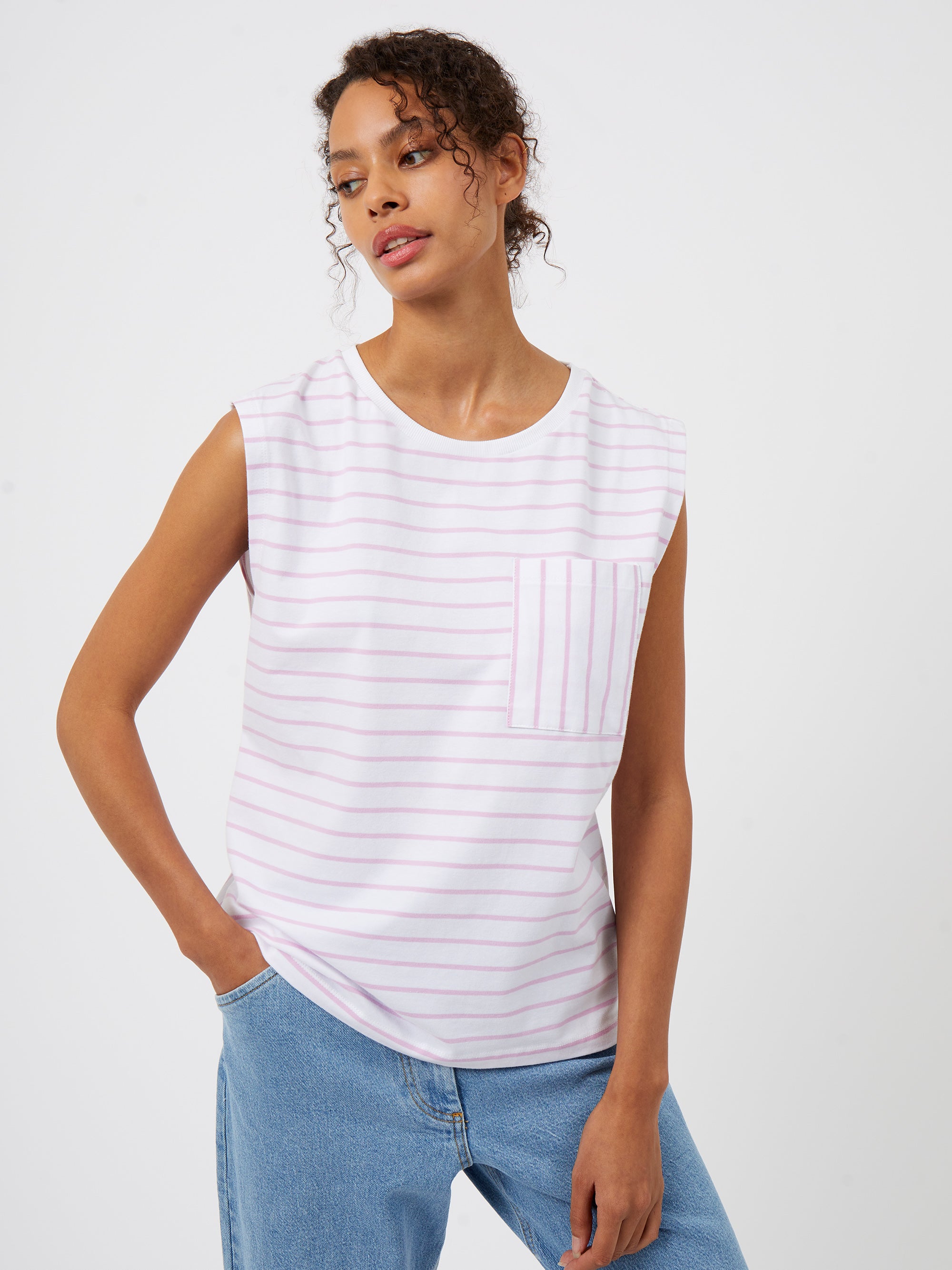 Jersey Stripe Pocket Cap Sleeves T-Shirt White/Blossom