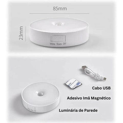 Luminária de Parede LED Sem Fio Sensor de Presença - USB Recarregável