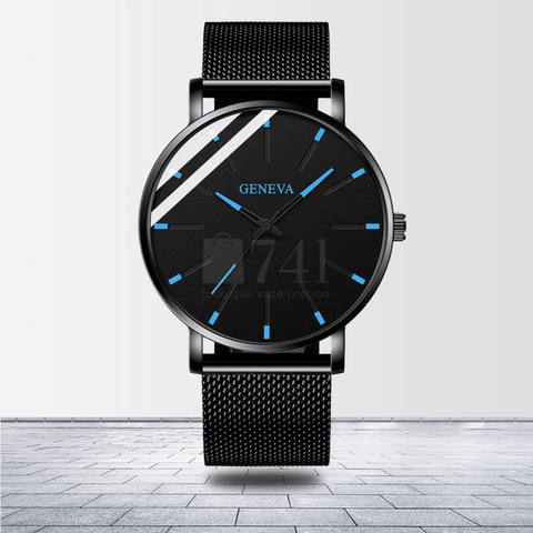 Relógio Masculino de Luxo Geneva Preto e Azul - Aço Inoxidável