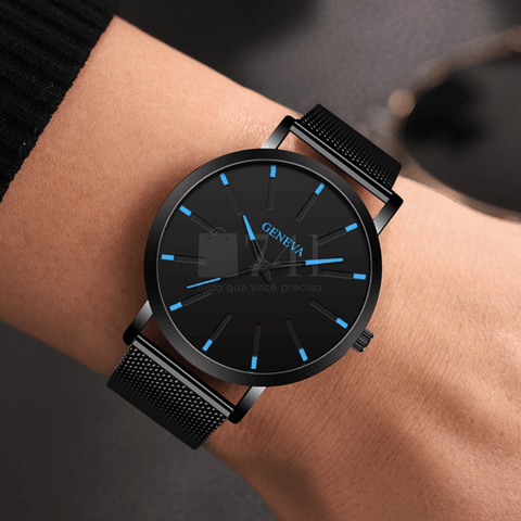 Relógio Masculino de Luxo Geneva Preto e Azul - Aço Inoxidável