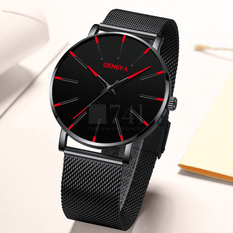 Relógio Masculino de Luxo Geneva Preto e Vermelho - Aço Inoxidável
