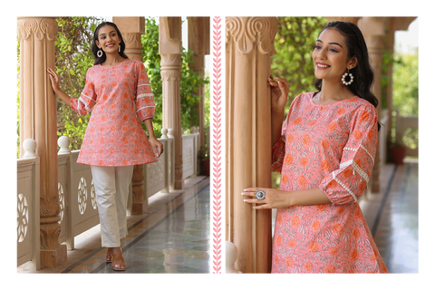 Pink Ethnic Printed Cotton Crochet Lace Embellished Short Kurti