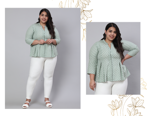 Green Plus Size Woven Printed Pleated Top