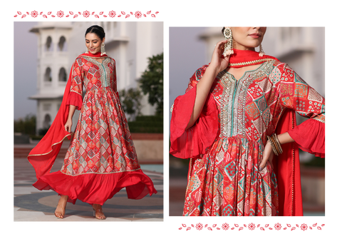 Red Muslin Digital Printed Embroidered Flared Kurta With Solid Dupatta
