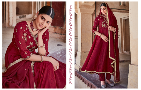 Maroon Silk Dobby Embroidered Anarkali Long Kurta With Silk Blend Trousers And Organza Embroidred Dupatta