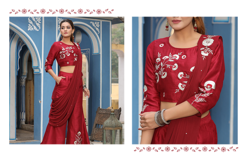 Maroon Embroidered Crop Top & Palazzo With Attached Dupatta