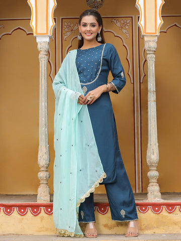 Embroidered Straight Kurta With Palazzo And Dupatta Set