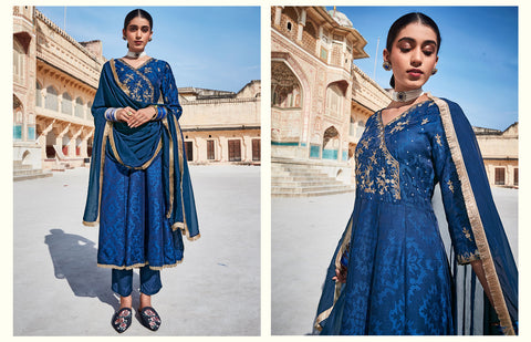 Blue Silk Dobby Embroidered Anarkali Long Kurta With Silk Blend Trousers And Organza Embroidered Dupatta