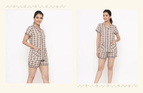 CHECKS PRINT SHIRT AND SHORTS LOUNGEWEAR SET - JAIPUR KURTI NIGHT SUIT