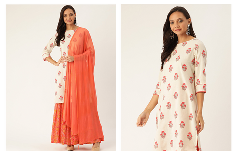 Off White Ethnic Print Straight Cotton Flex Kurta With Sharara And Dupatta