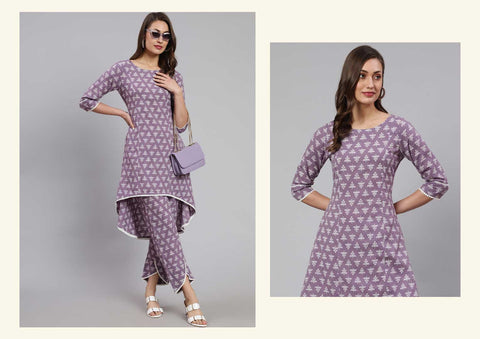 Lavender Woven Asymmetric Hemline Printed Kurta With Tulip Palazzo