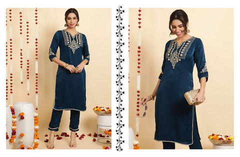 Embroidered Velvet Kurta With Pants