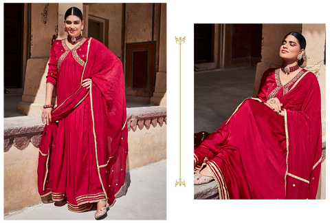 Red Zardozi Embroidered Silk Long Kurta Paired With Embroidered Organza Dupatta