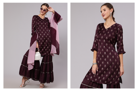 Wine Silk Printed Kurta With Sharara & Ombre Organza Dupatta