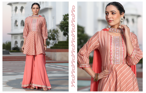 Pink Chnaderi Digital Printed Embroidered Peplum Top With Flared Sold Rayon Palazzo And Chiffon Dupatta