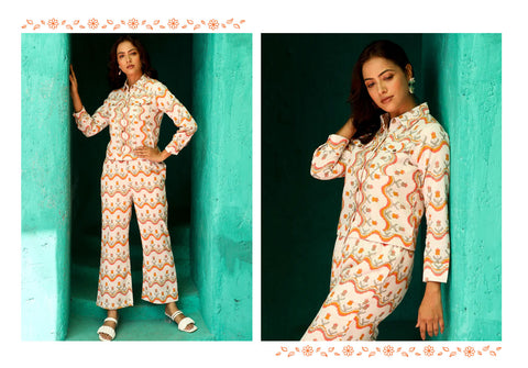 Ikat Printed Cream & Orange Jacket With Palazzo Co-Ord Set