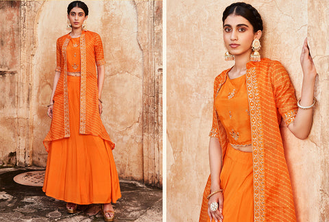 Orange Gota Patti Embroidered Crop Top And Skirt With Bandhej Kota Silk Embroidered Shrug