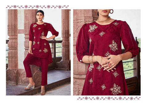 Maroon Embroidered  Silk Co-ord Set | Valentine's Day Outfit Ideas For Women