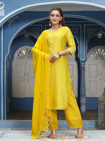 Mustard Embroidered Straight Kurta With Palazzo & Dyed Dupatta