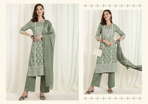 Olive Green Kurta Sets For Ladies With Dupatta