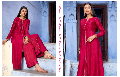 Maroon Embroidered A-Line Silk Kurta With Palazzo