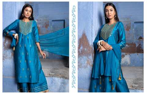 Turquoise Embroidered Kurta With Palazzo And Net Dupatta