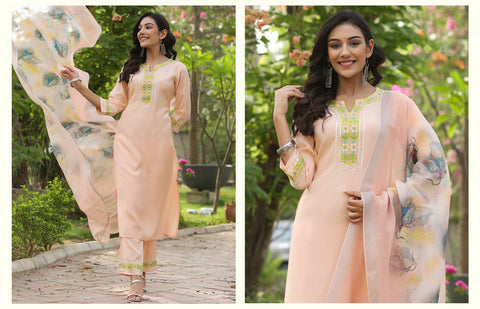 Peach Embroidered Kurta With Palazzo And Floral Printed Dupatta