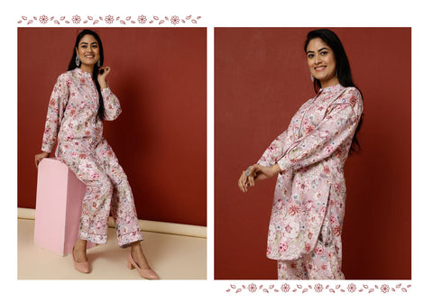 Pink Floral Printed Kurta With Palazzo Co-Ord Set