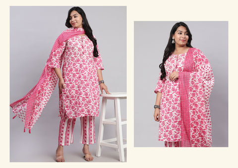 Plus Size Fuchsia Ethnic Floral Printed Embroidered Kurta With Printed Pants And Printed Dupatta