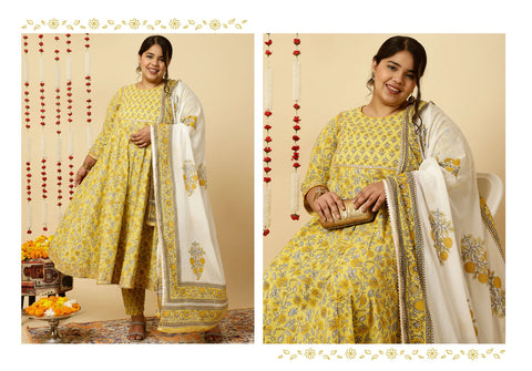 Plus Size Yellow Ethnic Print Anarkali Kurta Set With Dupatta