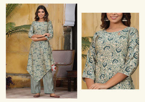 Printed Chanderi A-Line Kurta With Pants