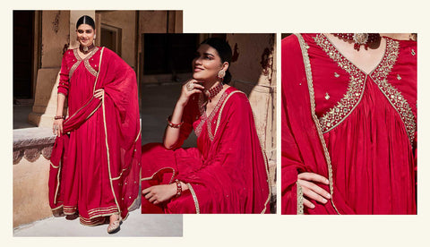 Red Zardosi Embroidered Silk Long Kurta Paired With Embrodiered Organza Dupatta